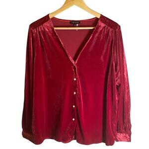 1 State Womens Beautiful Red Velvet Long Sleeve Button Up Blouse Size 1XL